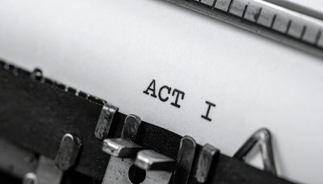 A close-up of a vintage typewriter showing the typed words "ACT I" on a sheet of paper, symbolizing the beginning of a written work or play