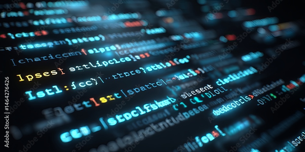 Poster Code on Digital Screen Displaying Programming Languages and Syntax with Blue and Black Background in Abstract Technology Concept