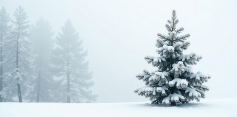 Obraz premium Single fir tree, snow-dusted branches against white , evergreen, clipart, seasonal