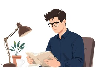 Man in navy shirt and glasses reading a book at desk with coffee, plant, and lamp. Flat vector style on white background.