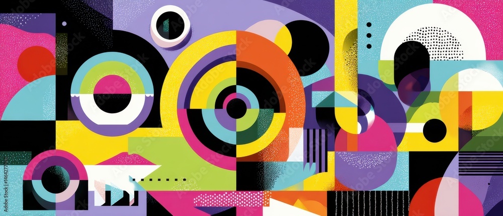 Poster vibrant geometric abstract art with circles and squares in a colorful retro style, creating a playfu