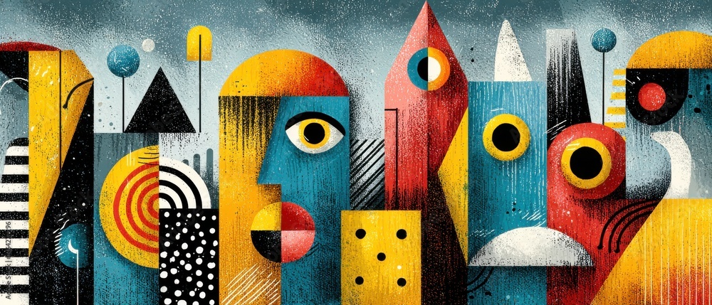 Poster colorful abstract geometric shapes and figures in a modern art style, creating a vibrant and eyecatc