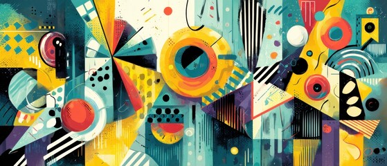 Vibrant abstract geometric painting with circles, triangles, and lines in a colorful and modern artistic composition