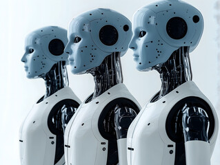 AI generated image showing three humanoid robots standing side by side with sleek white bodies and blue heads, representing advanced robotics, artificial intelligence, and futuristic android
