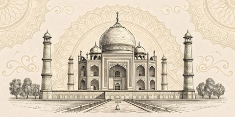 Detailed Sketch Illustration of the Taj Mahal, Agra, India with Intricate Mandala Background, Ideal for Travel, Architectural, and Cultural Projects and Creative Design Templates.