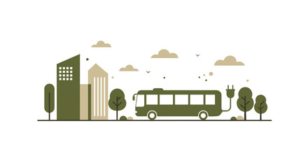 Electric bus on a city street with buildings and trees for sustainable transport and urban development concept