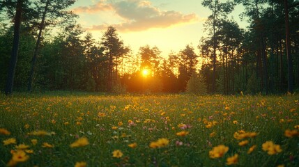 Obraz premium Sunset illuminates a meadow with flowers near forest edge