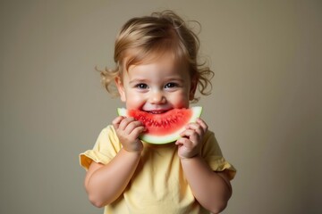 small child holds with both hands and eats slice of watermelon and smiles