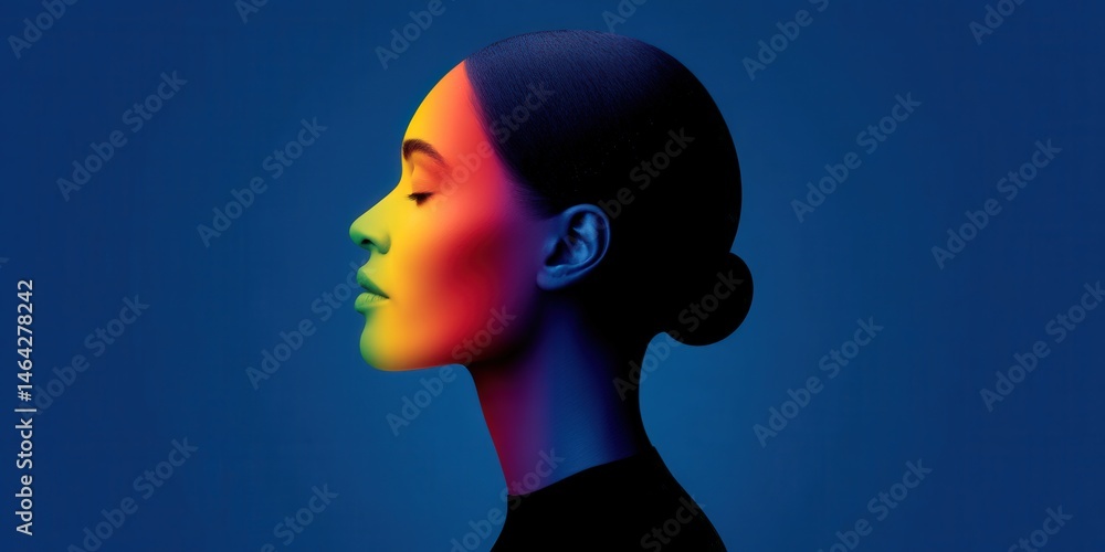 Poster vibrant profile portrait of an elegantly styled model with bold color gradients showcasing profound 