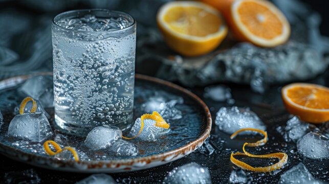 Glass of water with ice and oranges on the table dry january drink background