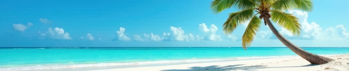 Single palm tree leans over pristine white sand beach, turquoise ocean backdrop, blue, design, coast