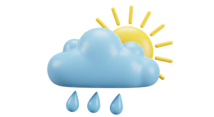 Isolated 3D Rendering of Cloud with Raindrops and Sun