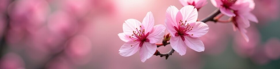 Fototapeta premium Single pink cherry blossom, blurred spring blossoms background, image, graphics