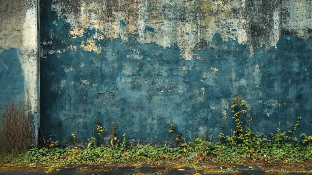Weathered blue wall with patchy paint and ground vegetation