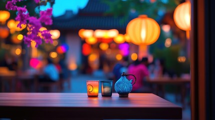 A red ribbon bow adorns a glass of wine on a table in a bar, suggesting a Christmas holiday celebration with festive lights
