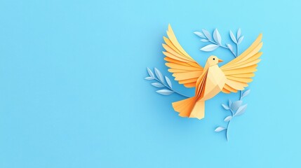 Fototapeta premium origami peace dove with olive branch on blue background banner template