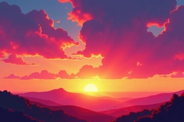 Vibrant sunset hues paint the sky, warm orange and pink merging at the horizon , colors, bright