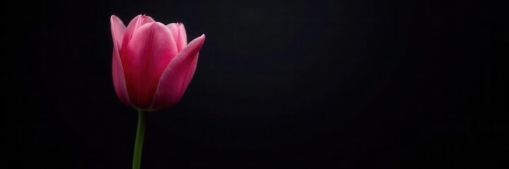 Fototapeta premium Single pink tulip, dark background, delicate bloom, still life, fresh
