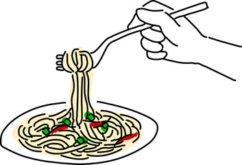 パスタを食べる人の手元シンプル線画