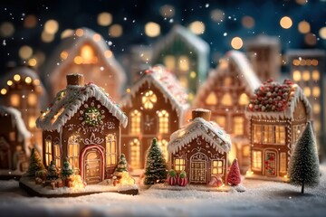 Obraz premium Festive gingerbread houses decorated with icing and candy, surrounded by snowy trees and glowing lights, create a magical holiday village scene.