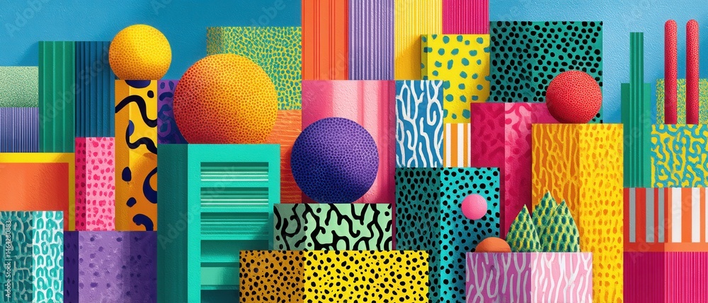 Poster colorful geometric shapes and spheres in a playful arrangement, creating a vibrant and modern abstra