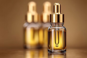 Naklejka premium Elegant glass dropper bottle filled with golden essential oil reflecting soft light showcasing beauty and skincare trends in a luxurious wellness environment captured with clarity