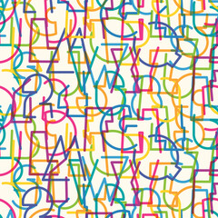 abstract vector color seamless pattern background with contours letters of simple, thick humorous geometric letterform font with holiday and party theme. Latin alphabet letters, numbers. Not used ai