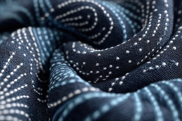 Fototapeta premium Indigo-colored organic fabric with embroidered simple botanical motif. Natural textile with handmade pattern, stitched with white and light blue threads