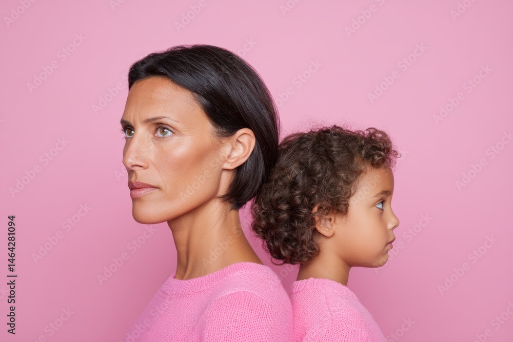 Poster portrait of mother and child showcasing emotional connection and individuality against a soft pink b