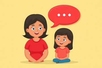 Engaging cartoon illustration of a smiling mother wearing red and her joyful daughter sitting together sharing a heartwarming moment in a bright cheerful setting
