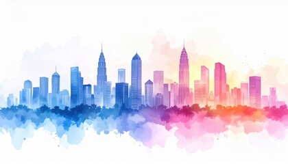 Fototapeta premium A vibrant watercolor skyline featuring tall buildings in shades of blue, pink, and purple against a light background