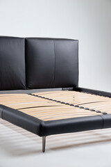 Modern Bed Frame with Wooden Support Slats and Upholstered Backrest