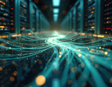 Abstract representation of data flow in a server room, depicting complex network connections, digital technology, speed, and communication infrastructure.