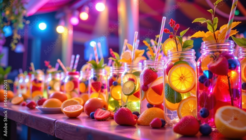 Poster imagine a vibrant holographic scene capturing a mesmerizing display of various lemonades in mason ja