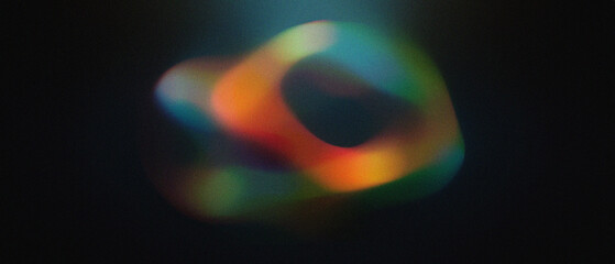 Colorful glowing abstract ring shape fluid motion with grain noise texture on dark background, vibrant cinematic. digital innovation fiction, website header banner music poster