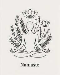 Namaste Yoga Meditation Line Art with Floral Design