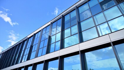 Modern building with reflective glass windows under a blue sky, showcasing contemporary architecture and design elements