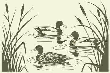 101 Photorealistic painting, three mallard ducks swimming, tranquil pond, rippling water, cattails, reeds, soft lighting, muted colors, wildlife illustration, detailed feathers, reflections on water s