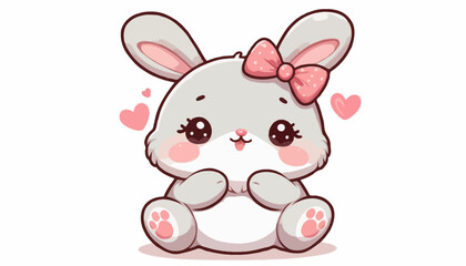 A cute cartoon bunny, a happy mammal, holds a pink Easter egg with love