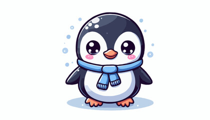 Fototapeta premium A cute cartoon penguin enjoys a cold ice cream treat in a snowy winter illustration