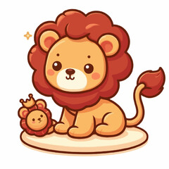 Obraz premium Cute cartoon lion animal vector illustration with a heart and a flower, a cheerful and happy toy