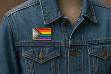 Denim jacket with enamel pin showing inclusive lgbtq+ pride flag