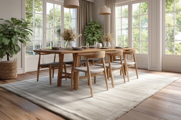 Contemporary dining room full of houseplants. Cozy interior with light-beige walls, huge windows, wooden furniture. Big dining table with chairs, natural blank carpet. Home design in earthy tones