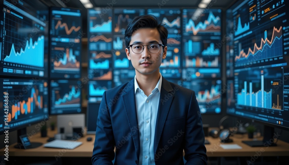 Poster a confident professional stands in front of multiple digital screens displaying financial charts and