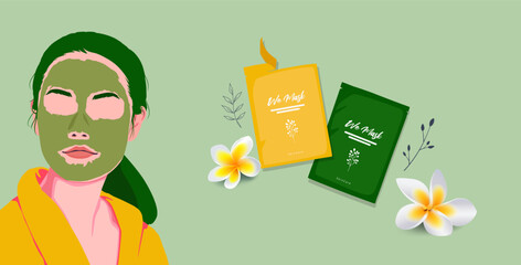 Vector illustration of a woman with a green facial mask, wearing a robe, next to skincare sheet mask packs and frangipani flowers, promoting spa treatment, self care, and beauty routine