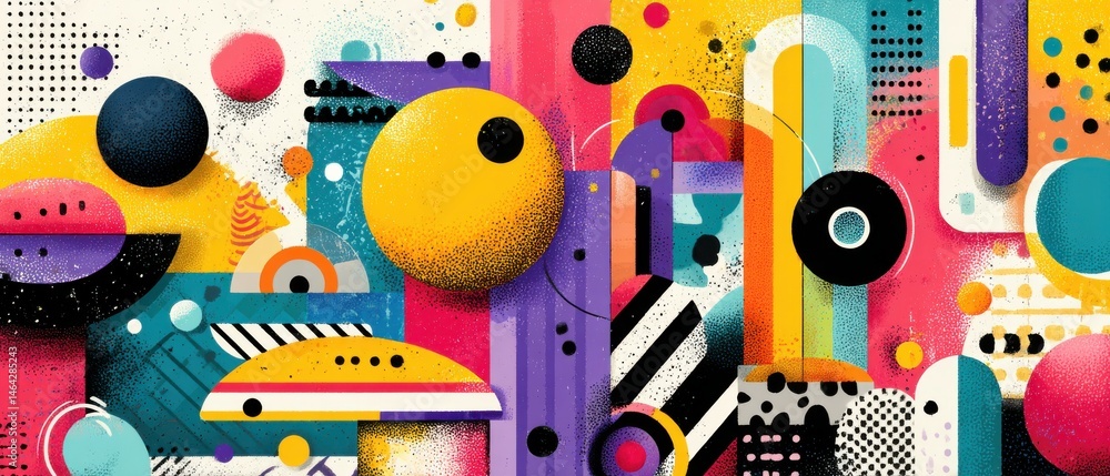 Poster vibrant geometric abstract background with colorful shapes and retro design elements, creating a pla