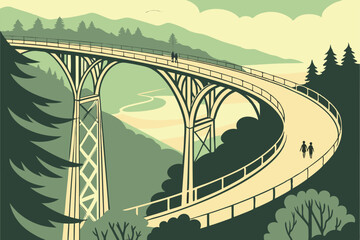 102 Elevated golden bridge, winding mountain path, lush green landscape, misty valleys, stylized illustration, soft pastel colors, geometric design, perspective view, architectural marvel, tiny people