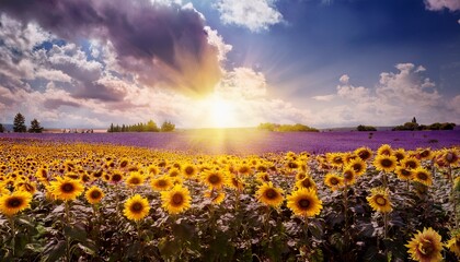 Beautiful landscape with sunflower field behind lavender field over blue sky