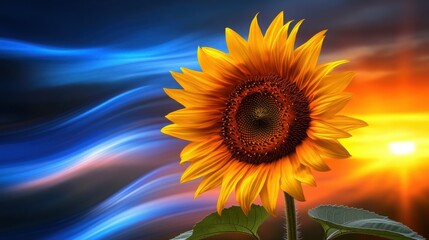 Fototapeta premium Vibrant Sunflower at Sunset Nature s Golden Hour Beauty Warm Hues Blue Swirls