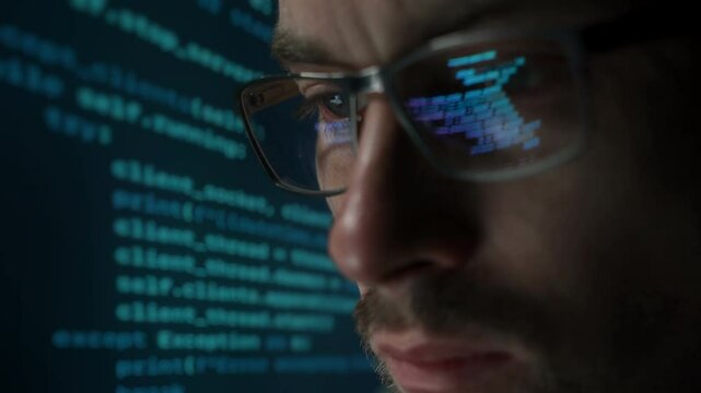Close-up of male data scientist of cyber security professional wearing glasses, working online, against glowing analytics and data on background. Software engineer analysing data